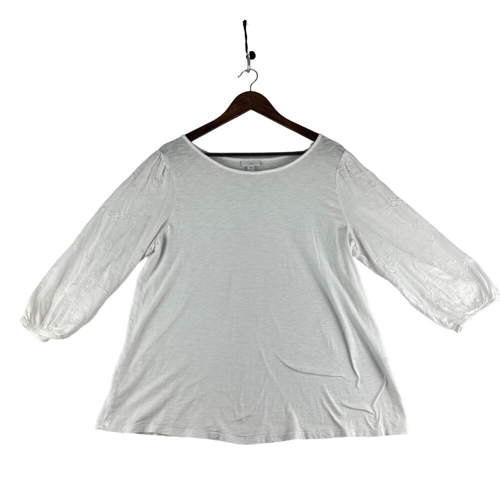 J.Jill Blouse White Modal Blend Blouse Size Large Tall Embroidered Sleeves